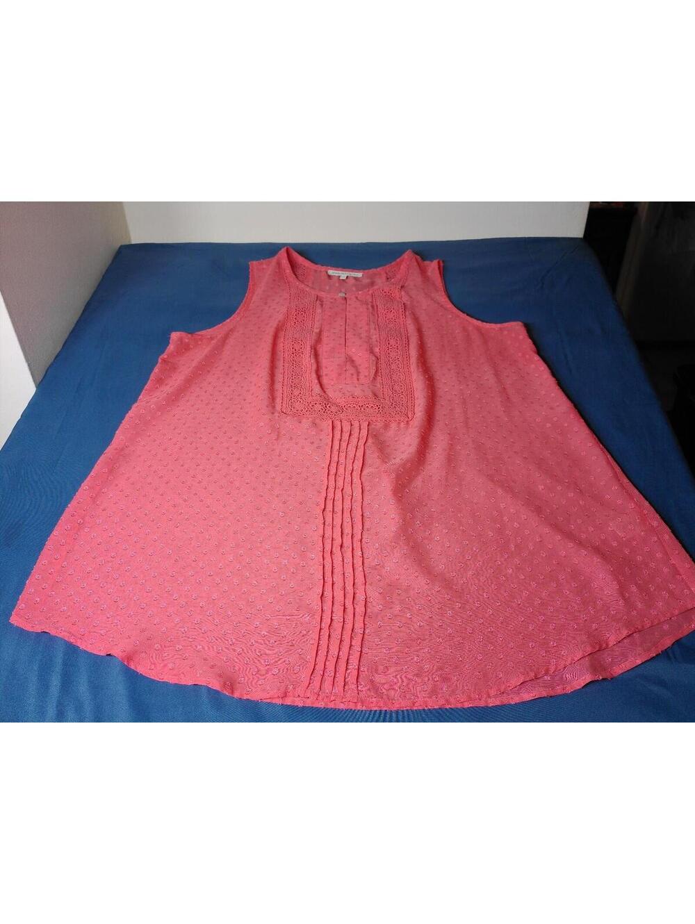 Daniel Rainn Womens 1X Coral Pink Sleeveless Swiss Dot Crochet Lace Tunic Blouse